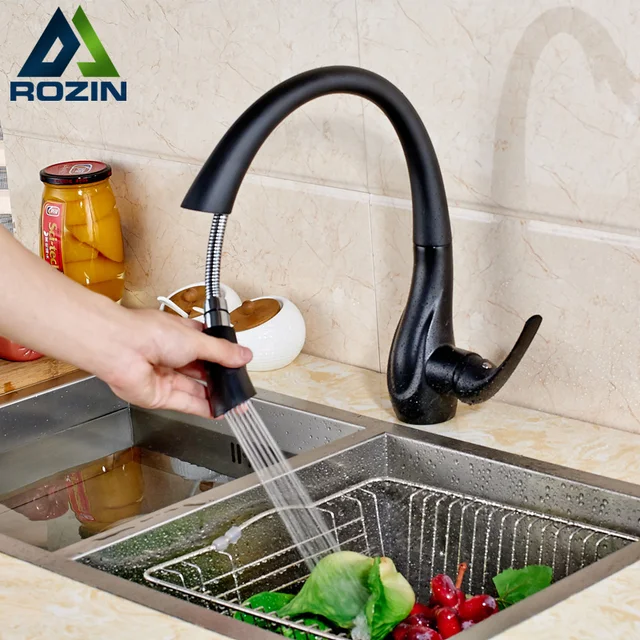 Special Offers Deck Mounted Pull Out Spout Bathroom Kitchen Faucet Single Handle one Hole Black Stream Sprayer Kitchen Mixer Taps