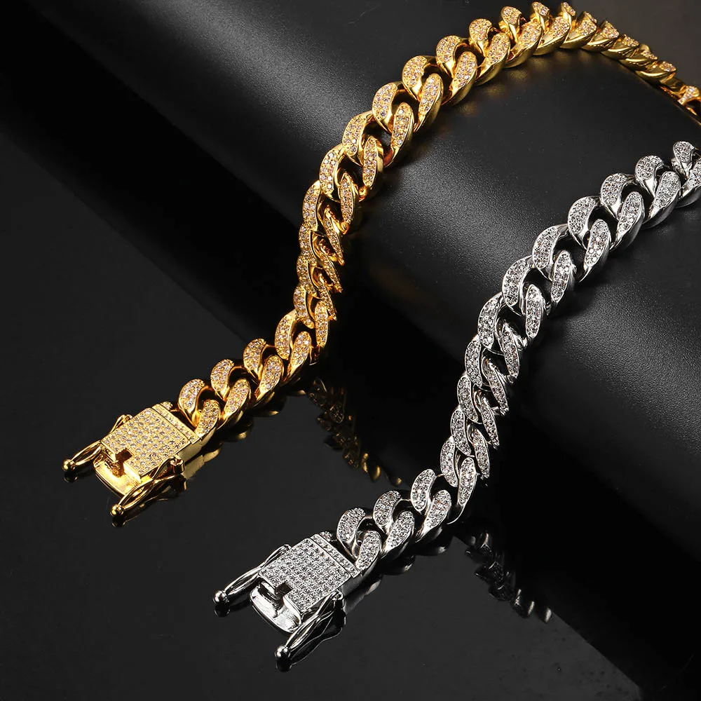 

Drop Shipping Cool Women Mens Curb Cuban Link Bracelets Copper Lab Bling Iced Out Full CZ Clasp Gold Chain Silver Plated Bangles