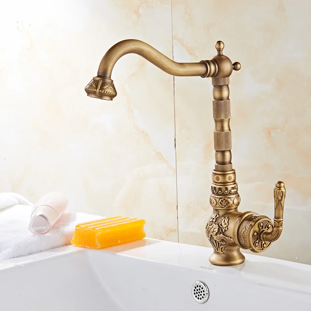 Retro Style Antique Brass Kitchen Faucet Hot & Cold Mixer Tap Single Hole Bathroon Faucet Rotatable crane Retro Style Antique Brass Kitchen Faucet Hot & Cold Mixer Tap Single Hole Bathroon Faucet Rotatable crane