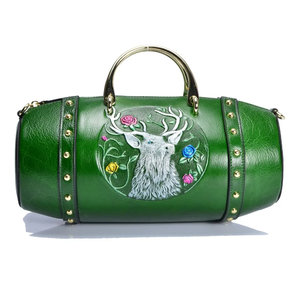 Genuine Leather Women Top Handle Messenger Bags Tote Handbag Barrel