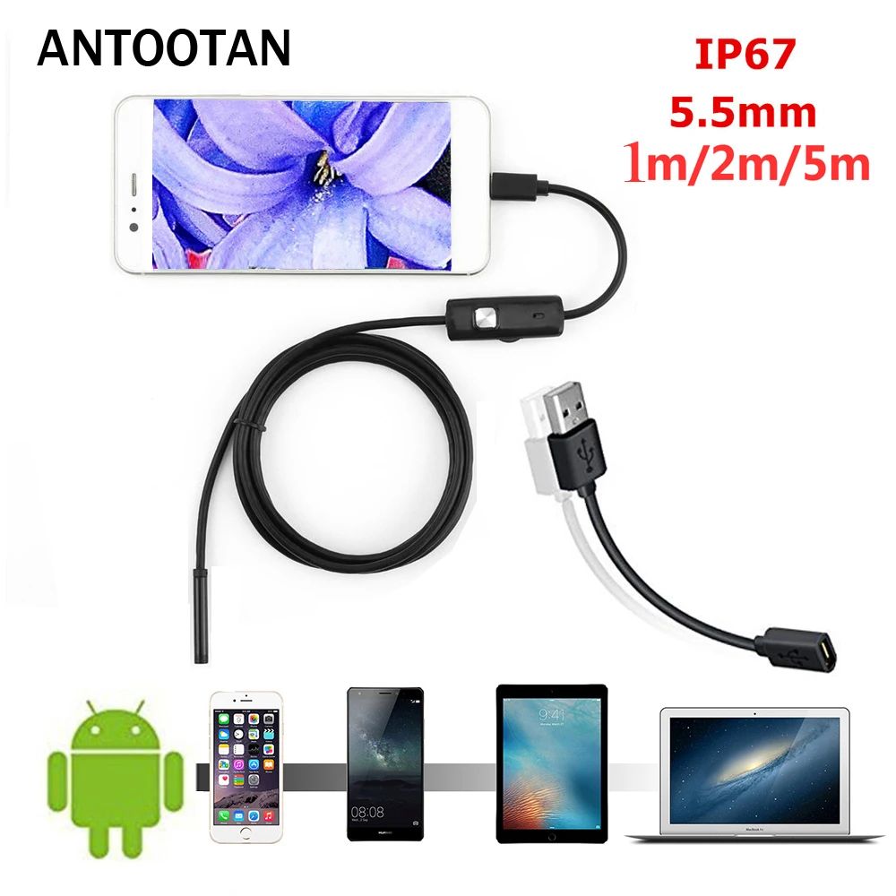 HD Android PC 1m 1.5m 2m 5m Endoscope Camera HD USB Endoscope With 6 LED  Soft Cable Waterproof Inspection Borescope