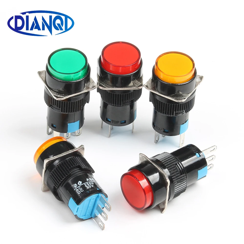 

16MM Latching/Momentary plastic push button switch Round pilot lamp Indicator light with LED 1NO1NC/2NO2NC