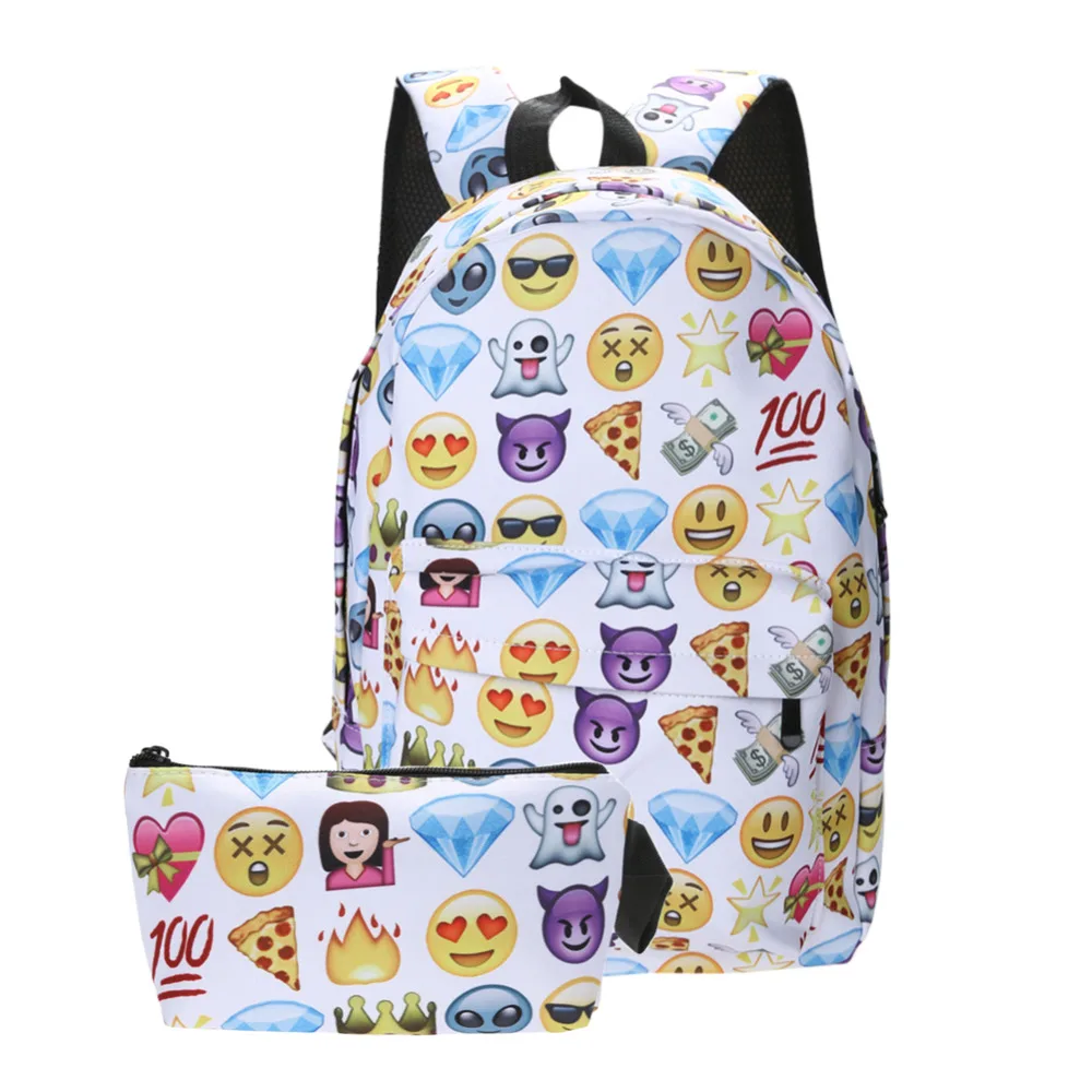 2 PCS Hot Selling Waterproof Leisure Nylon Travel Backpack Clutch Bag 3D Smiley Emoji Face Printing School Bag Teenagers Mochila