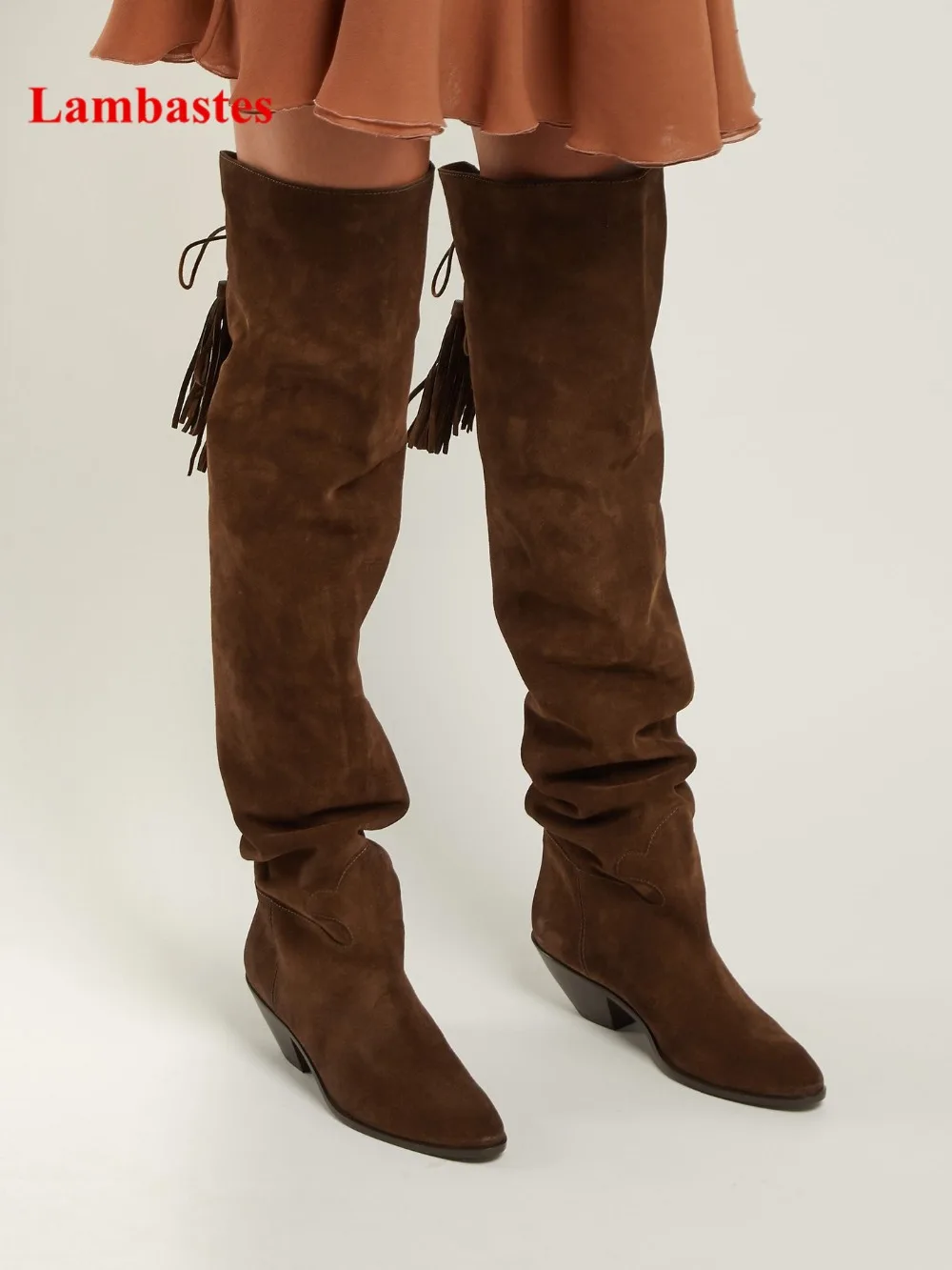 

Cow Suede Thigh High Boots Women Brown Fring Slip On Round Toe Solid Long Boots Med Heel Lace Up Runway Stivali Femminili Shoes
