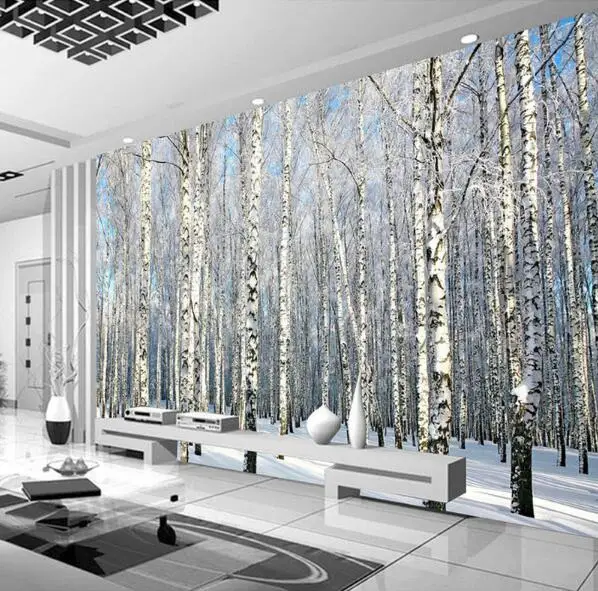 Snow Birch Tree Forest Nature Photo Wall Paper Mural Living Room TV Background Wall Papers 3D Wallpaper Canvas/Silk Wallpaper