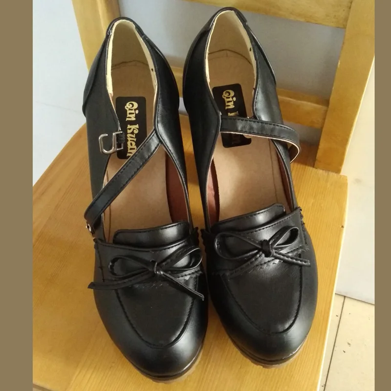 Loslandifen/размеры 34-39, женские милые японские туфли-лодочки на высоком каблуке с бантиком в стиле принцессы Лолиты, обувь для костюмированной вечеринки с ремешком на щиколотке, обувь из искусственной кожи для студентов