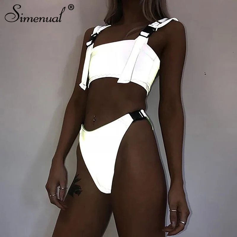 Günstige Simenual Schnalle Reflektierende Sexy Bademode Frauen Sexy Zwei Stücke Set 2019 Mode Casual Tankini Sommer Heißer Streetwear Outfits Neue