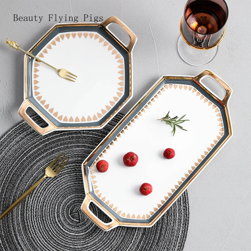 

Nordic light luxury style gold porch ceramic western dish dessert salad plate sushi dish jewelry storage tray bina tray