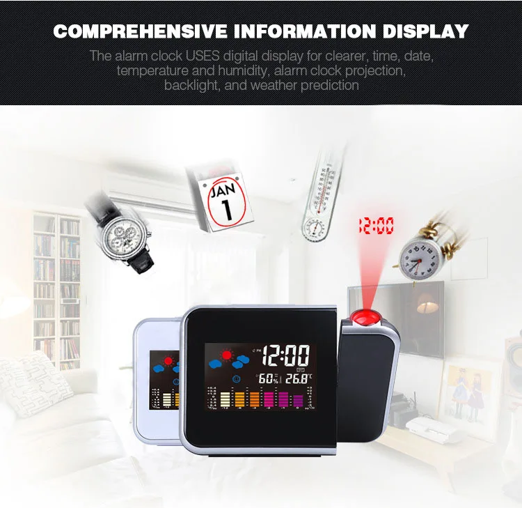 Loskii DC-003 Digital Wireless Hygrometer Therometer LED Projection Weather Station Alarm Clock 