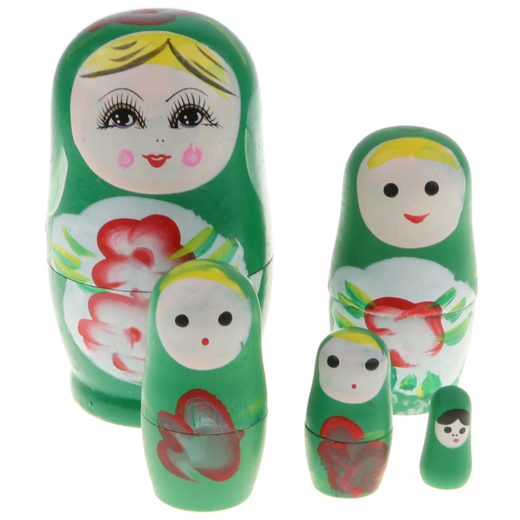5PCS Wooden Russian Nesting Dolls Toy Handmade Matryoshka Babushka Pattern Girls Dolls Christmas Gifts Home Decor - Green