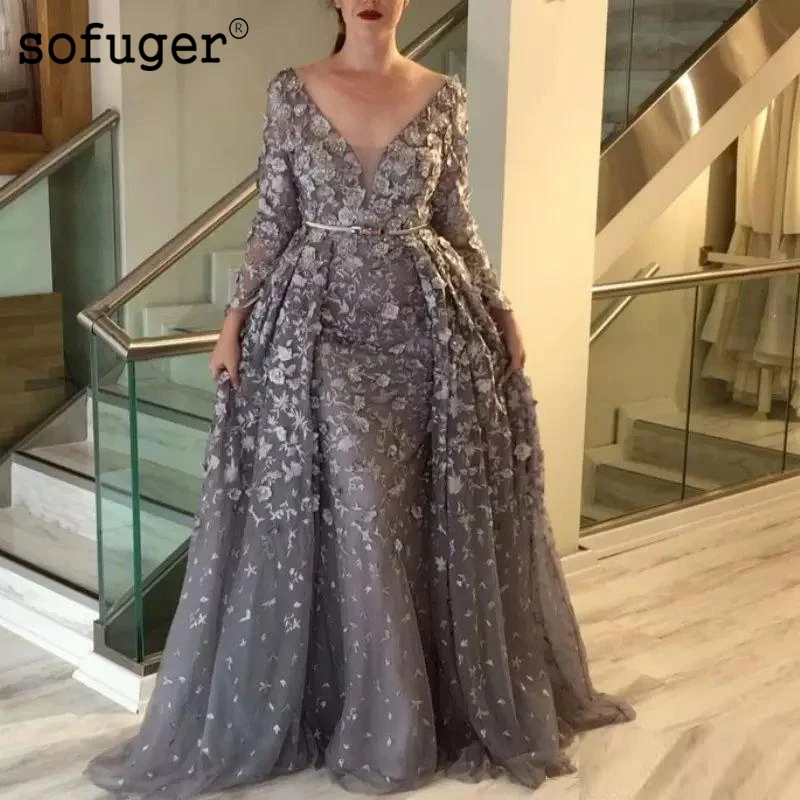 

Grey V Neck Train Long Sleeve Evening Dresses Appliques Long Tulle Arabic Muslim Special Occasion Plus Size Robe De Soiree