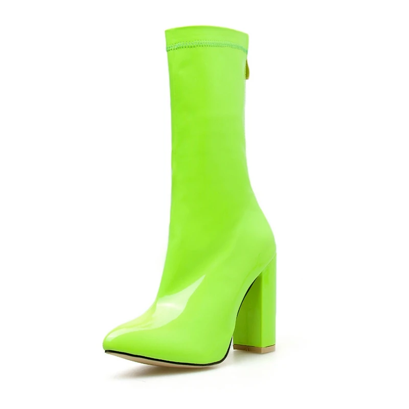 MeiLiKeLin/привлекательные ботинки до середины икры ярких цветов; женские ботинки до середины икры на квадратном каблуке; модные трендовые зеленые женские ботинки на высоком каблуке для банкета - Цвет: Green