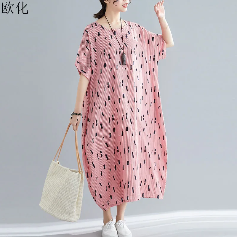 

Vintage Striped Dress Women Robe Cotton Plus Size Maxi Dress Batwing Sleeve Linen Long Dresses Summer Sundress 4XL 5XL 6XL 2019
