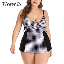 Новинка, комплект танкини размера плюс, женский купальник из двух частей с принтом, купальник с лямкой через шею, купальный костюм, купальный костюм в клетку, L-5XL