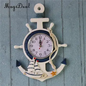 

Mediterranean Style Anchor Shaped Wooden Wall Clock Beach Sea Themed Sailing Boat Wheel Steering Decor Wall Hanging Decoration