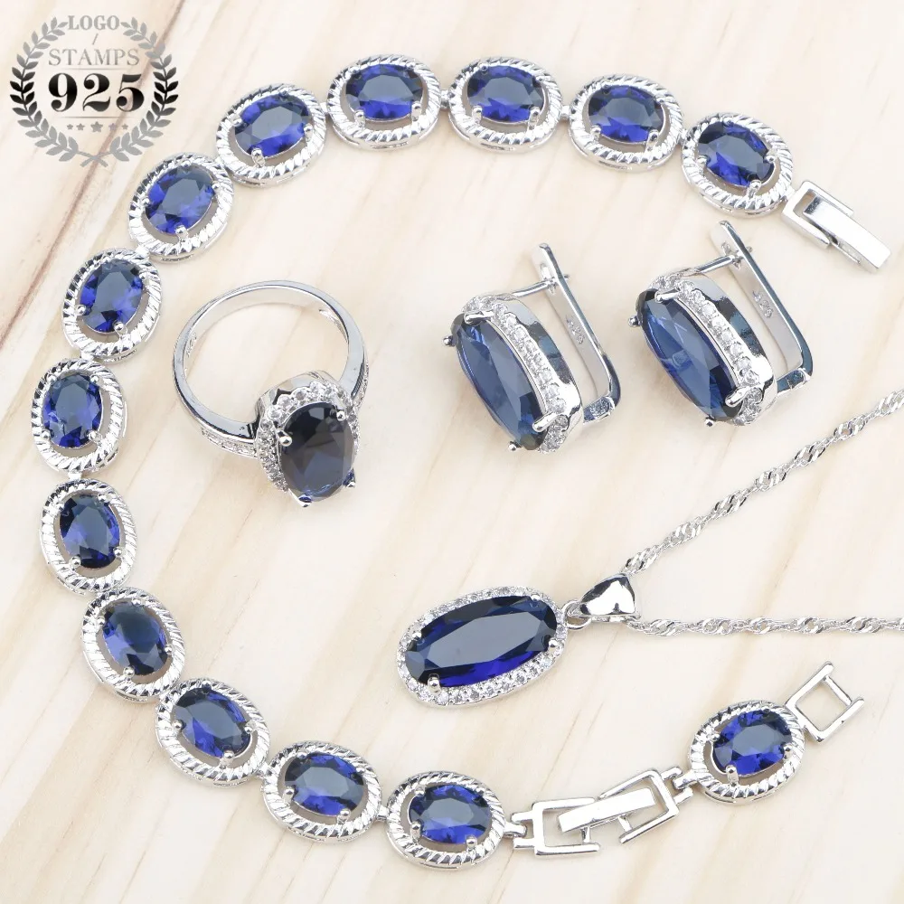 Dark Blue Zircon Bridal Silver 925 Women Jewelry Sets Charms Bracelets