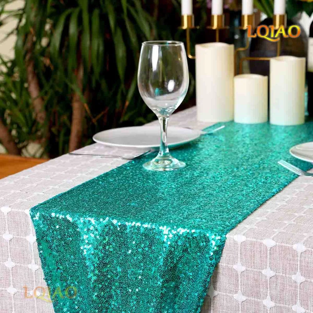 LQIAO Sparkly Green Sequin Table Runner Paillette Fabric Metallic