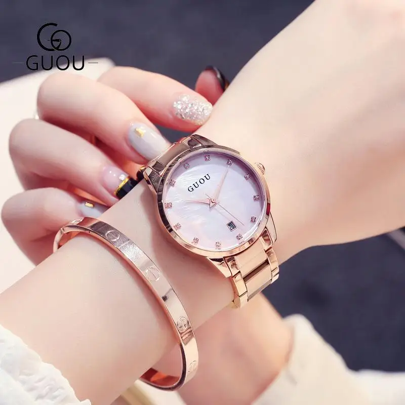 Модные Роскошные GUOU часы Для женщин часы Reloj Mujer Нержавеющая сталь качество Алмазный женские кварцевые часы Для женщин горный хрусталь часы - Цвет: Pink