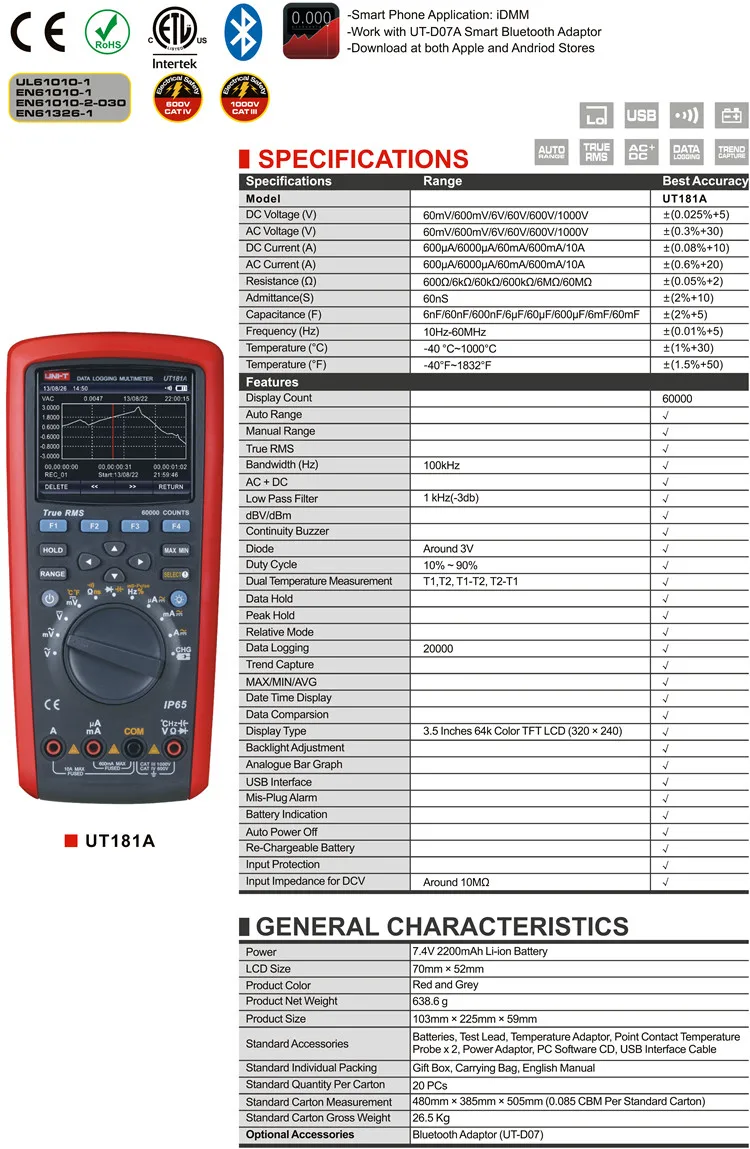 UNI-T UT181A True RMS регистрация данных мультиметр USB/Bluetooth передача/измерение температуры