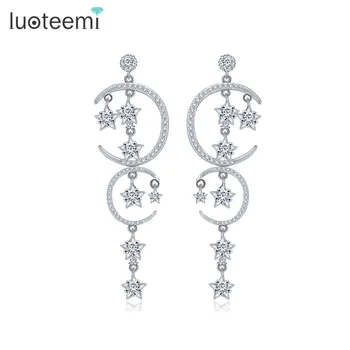 

LUOTEEMI New Hot Selling Star and Double Moon Brincos Micro Paved CZ Crystal Loneg Drop Earrings Jewelry for Women Pendientes