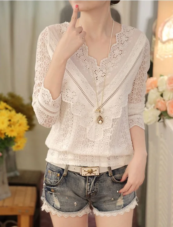 MSSNNG 2018 hot sale new arrival Spring and autumn Korean fashion women blouse V neck long sleeve slim lace female shirt  (3)