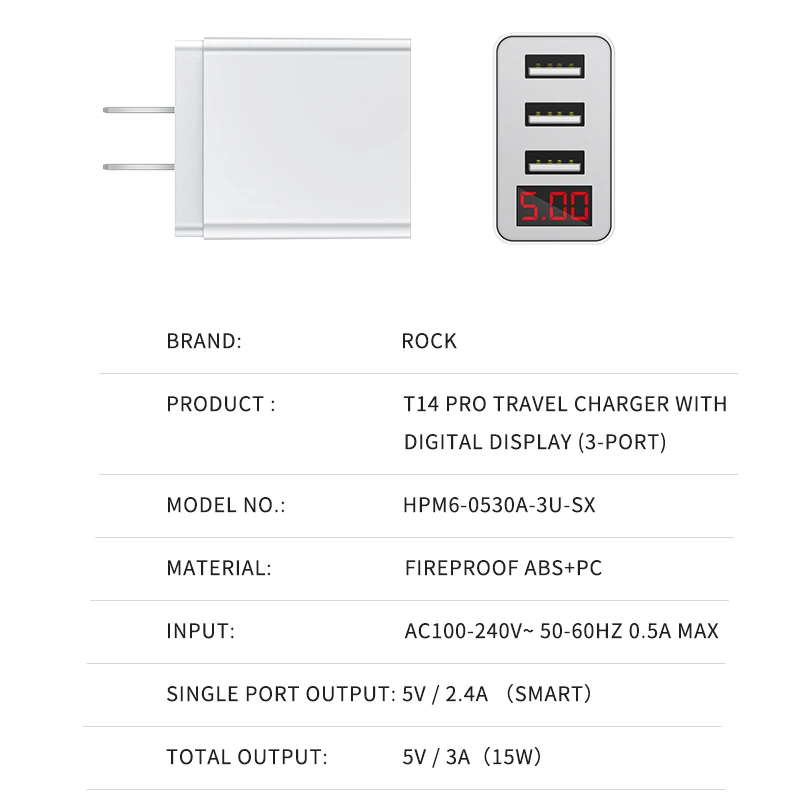 ROCK 3 Port USB Phone Charger LED Display EU Plug Total Max 3.4A Smart Fast Charger Mobile Wall Charger for iPhone iPad Samsung