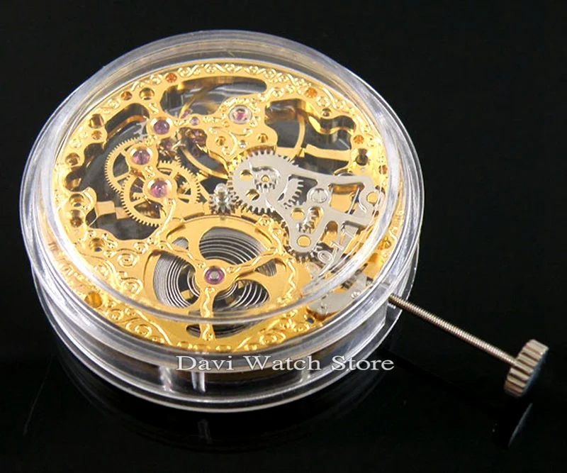 Механические золотые мужские часы с полным скелетом и ручным заводом