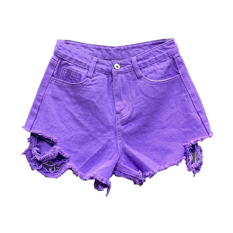 

Purple denim shorts female 2019 summer section hole leg lengthy high waist loose shorts female
