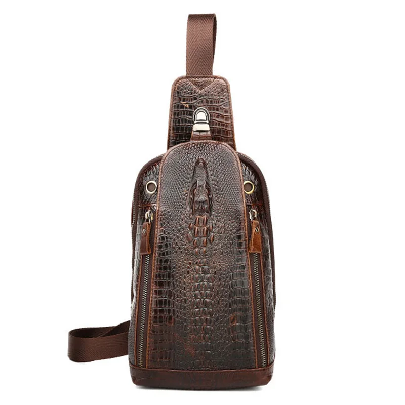 

High Quality Genuine Leather Men Sling Backpack Rucksack Crocodile Pattern Real Cowhide Single Daypack Retro Shoulder Chest Bags