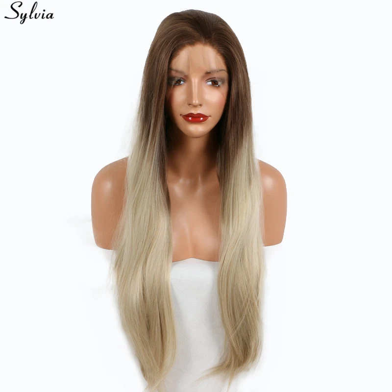 

Sylvia Long Straight Medium Brown Blonde Ombre Roots Synthetic Wigs Heat Resistant Hair Natural Two Tone Color Lace Front Wig