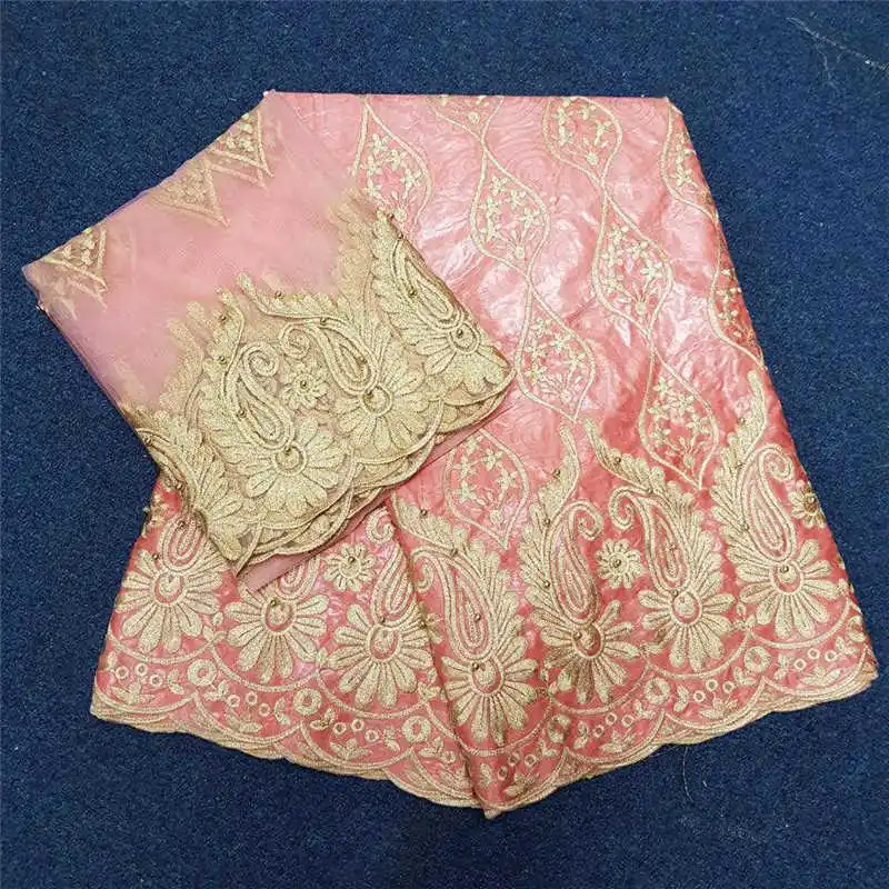 

Peach Nigerian Cotton Brocade Set Embroidered Fabric Guinea 5 Yards Brocade Fabrics With 2 Yards Net Lace For Women Dress 40