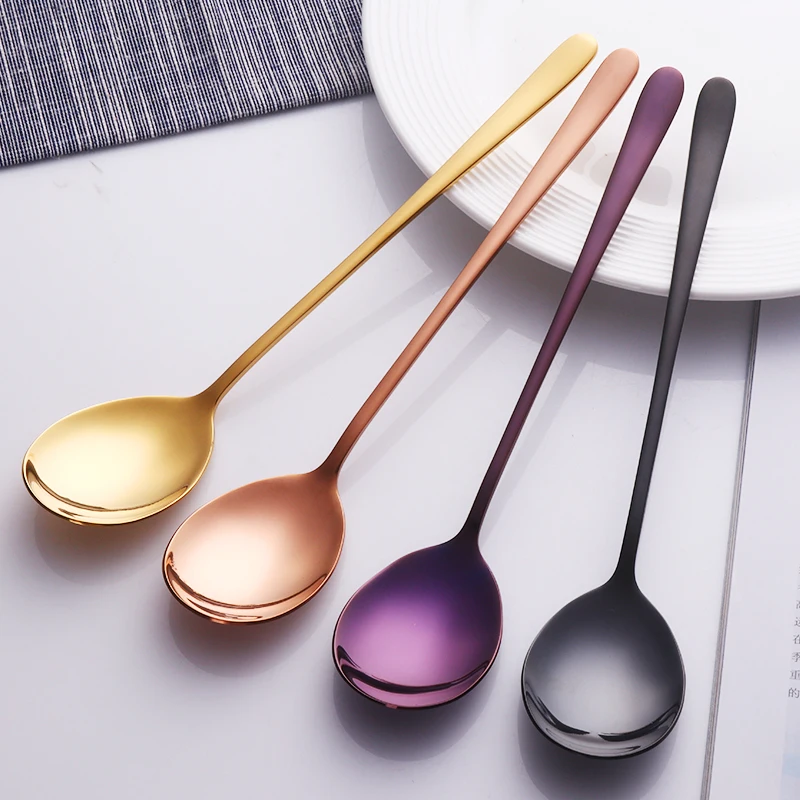 

7Pcs/Set Colorful Coffee Spoon 304 Stainless Steel Long Handle 7 Color Korean Mixing Spoons Set Dessert Long Ice Kitchen Scoop