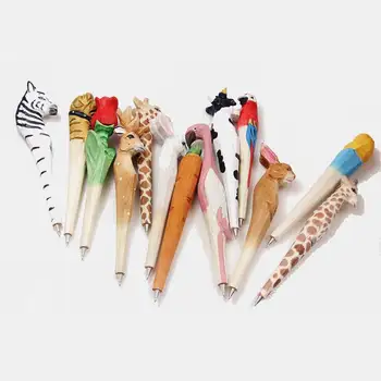 

200pcs Hot sell Animal Wooden carving creative ballpoint pen wood Ball point pens handmade sculpture student ball-point Random