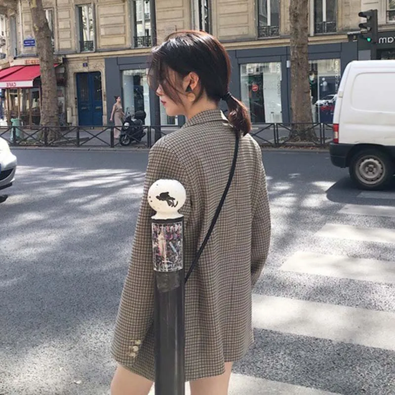 Vintage Double Breasted Office Ladies Plaid Blazer Women Long Sleeve Loose Houndstooth Suit Female Jacket Women's Blazers 2019