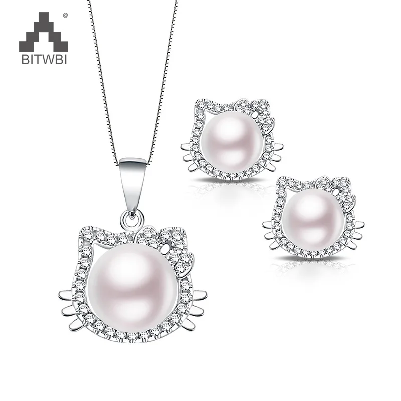 

100% 925 Sterling Silver Stud Earrings 2019 New Lovely Cat Natural Freshwater Pearl Pendant Ring Earrings for Women