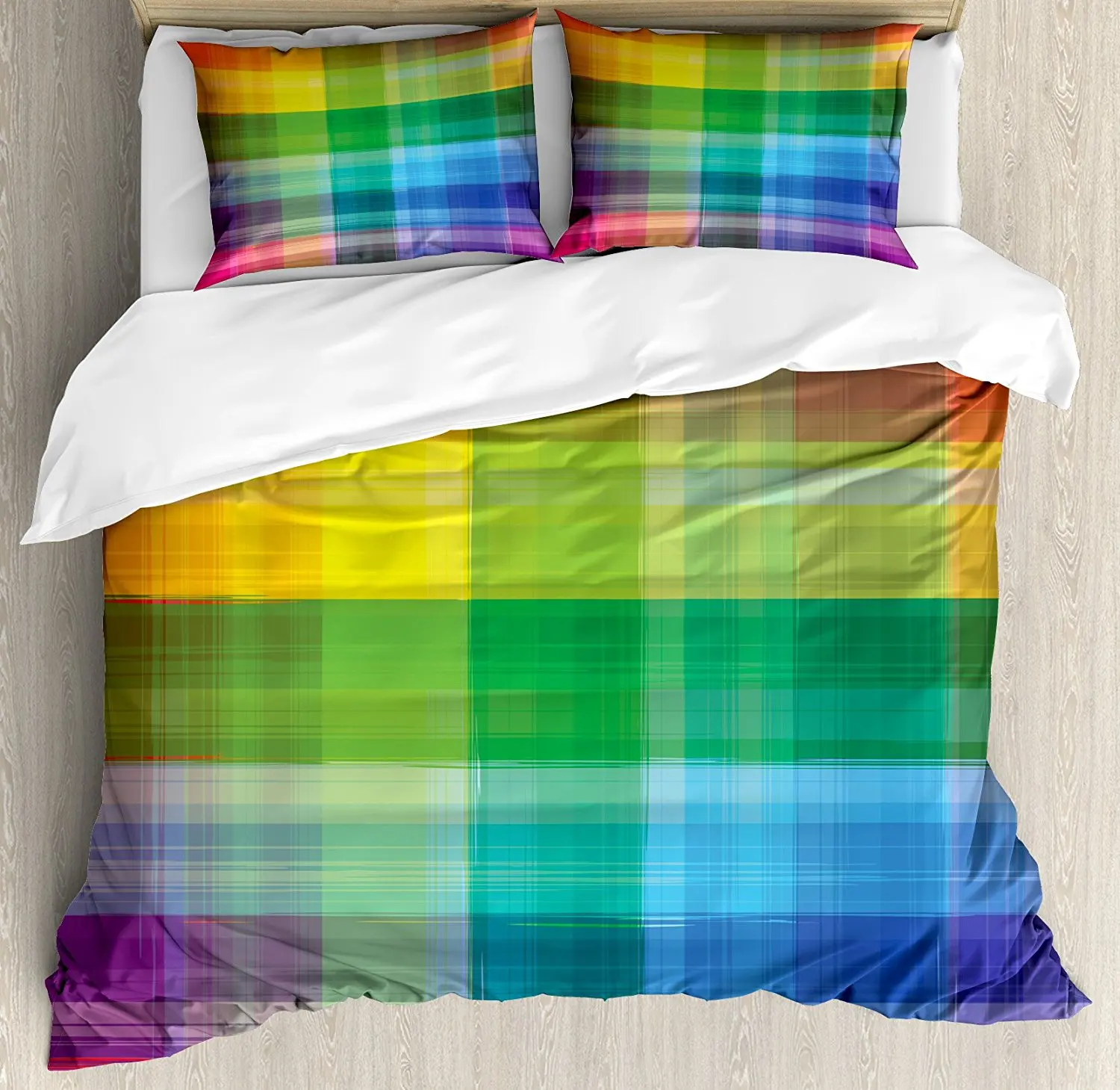 Vintage Rainbow Duvet Cover Set, Retro Plaid Design Checkered Squares