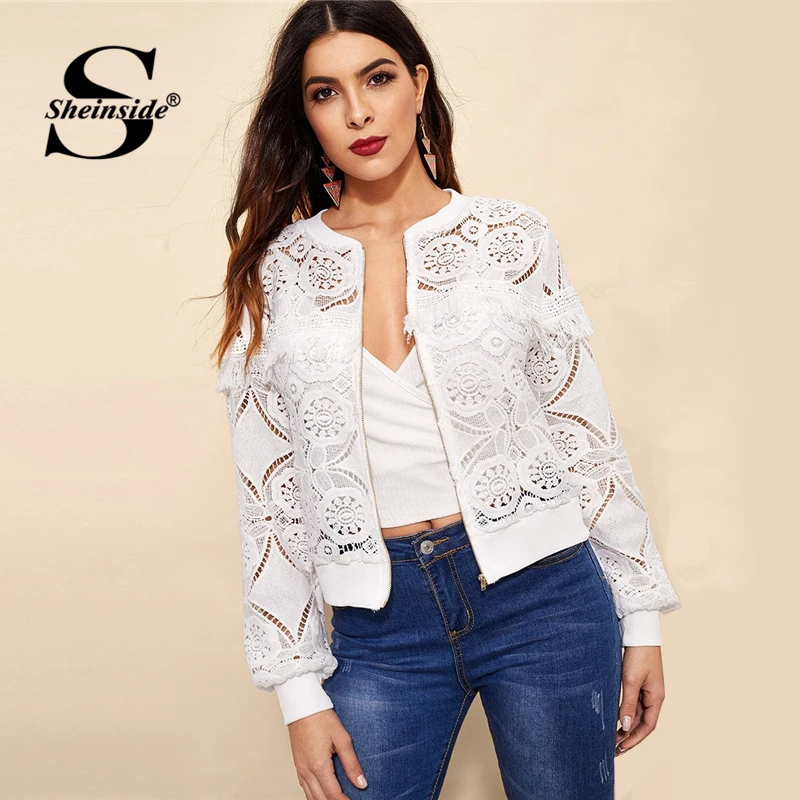 

Sheinside White Elegant Hollowed Out Lace Jacket Women 2019 Back Frayed Edge Detail Jackets Ladies Fringe Zip-up Lace Outwear