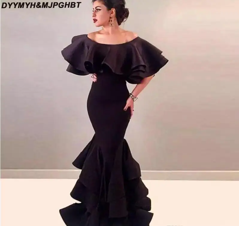 Arabic Long Mermaid Tiered Skirt Evening Dresses Robe De Soiree Courte Black Satin Cape Sexy Prom Party Gowns 2017 Cheap Abendkleider_