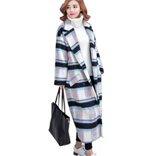 Осень и зима новое женское корейское клетчатое шерстяное пальто Длинное свободное шерстяное пальто толстое шерстяное