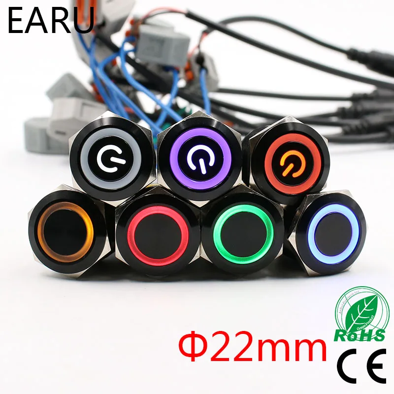 

22mm Alumina Black LED Light Waterproof Metal Push Button Switch Latching Momentary Fixation LED Light 3-380V 24V Red Blue Green