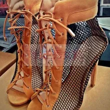 Черные/коричневые Лоскутные сетчатые кружева на высоком каблуке сандалии с открытым носком на шнуровке летние ботильоны на шпильках