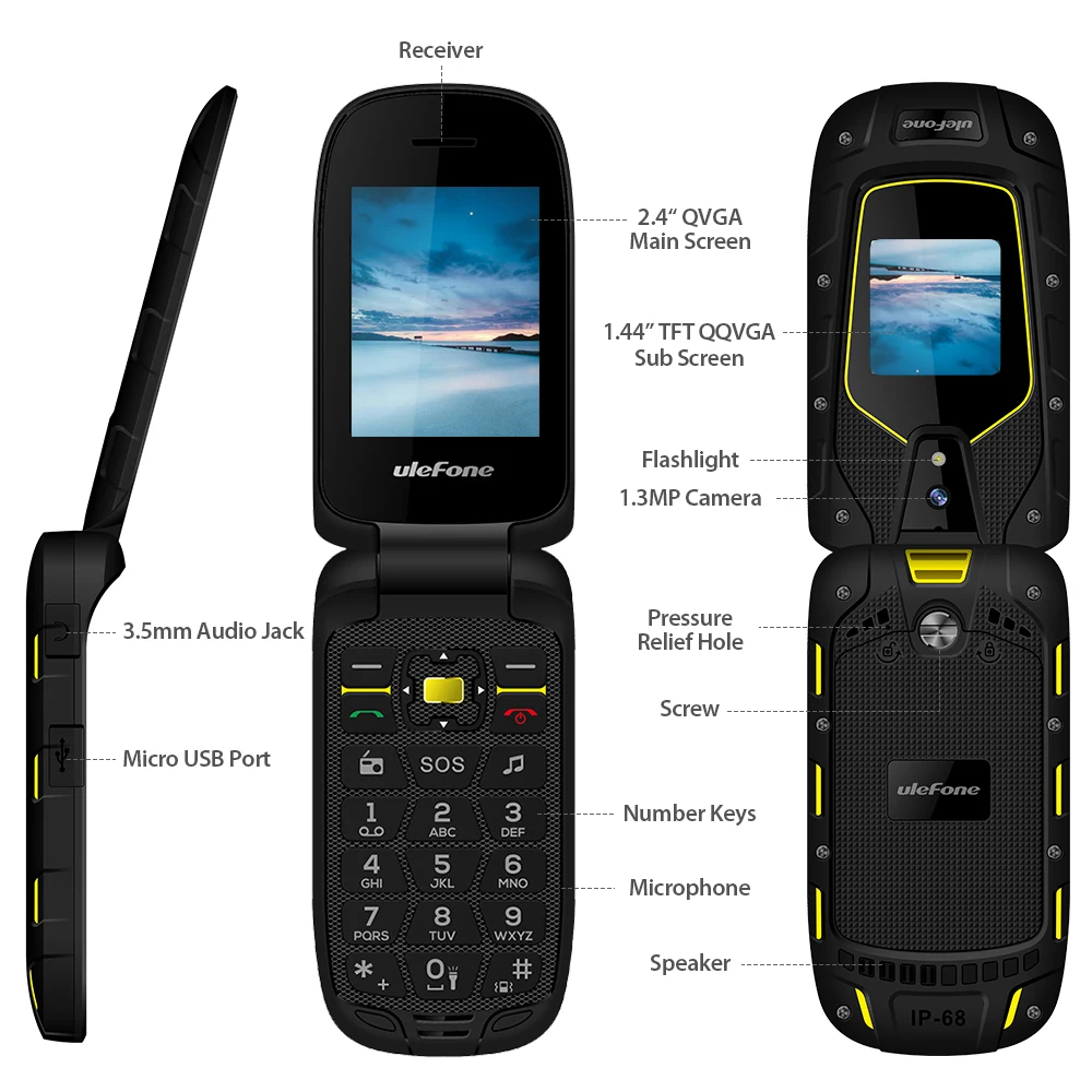Ulefone Защитный флип прочный смартфон IP68 Водонепроницаемый двойной экран 2 4 "+ 1