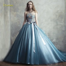 Loverxu очаровательное вечернее платье без бретелей Бальные платья нежные аппликации Бисероплетение без рукавов развертки поезд тюль выпускного вечера вечерние платья