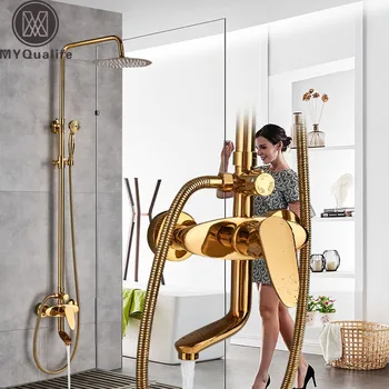 

Golden Bathroom 8" Rainfall Shower Faucet Set Wall Mounted Bath Shower Mixer Tap Swive Spout Shower Mixers with Handshower