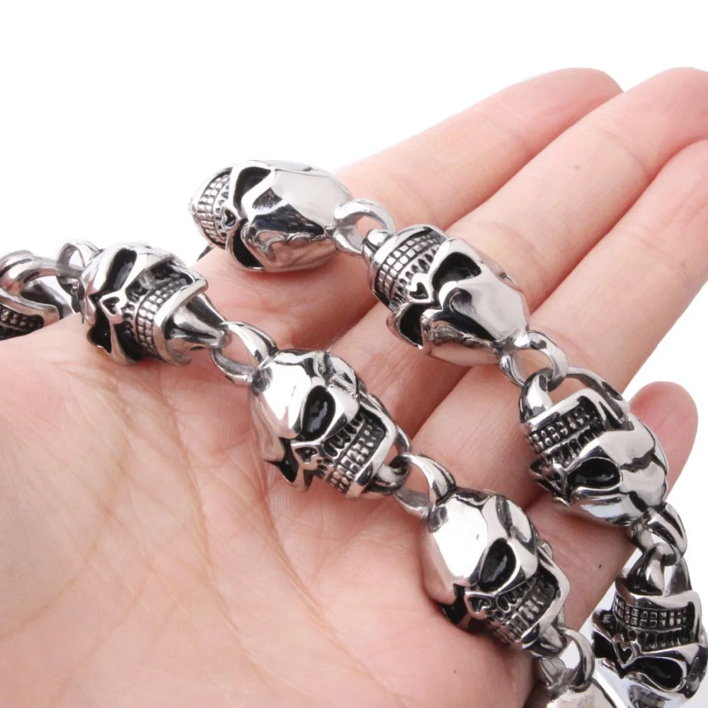 15mm Heavy Cool Stainless Steel Silver Color&ampBlack Skeleton Skull Head Biker Jewelry Men's Necklace Christmas Gift 28inch Long |