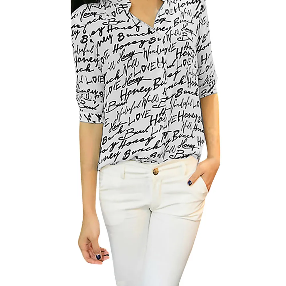 

WKOUD EAM Clothes / 2019 New Fashion Women Ladies Three Quarter Sleeve Letter Printed Casual Blouse Tops Clothes Shirt
