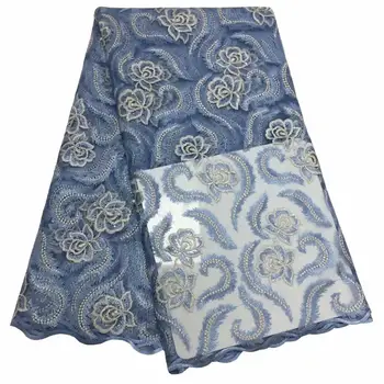 

Latest African 3d Lace Fabrics Embroidered French Sky Blue Gold Beads Lace Fabric 2018 Nigerian French Net Lace Fabrics