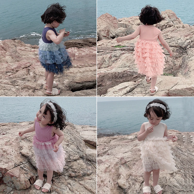 

Girls Sleevelss Vest Dresses2019 Summer Children Net Yarn Stitching Cake Princess Tutu Dresses Little Kids Infans Clothing