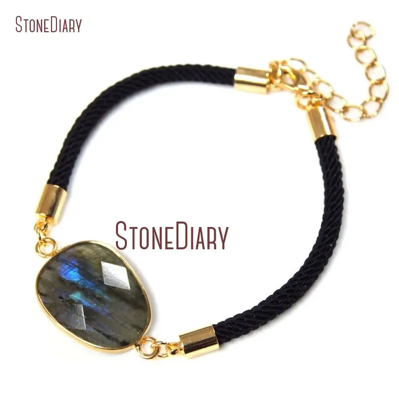 

10Pcs Gold Electroplated Faceted Irregular Shape Bracelet Labradorite Bracelet Black Fiber Cotton Adjustable BM14834