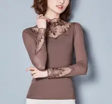 Hollow Out Women Spring Autumn Style Lace Blouses Shirts Casual Long Sleeve Patchwork Spliced Turtleneck Blusas Tops